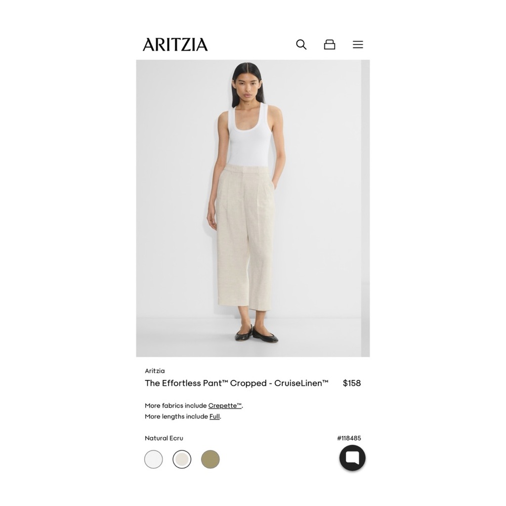 Aritzia Natural Ecru Effortless Cropped Pants